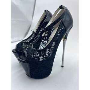 Getmorebeauty Black Lace Platform Peep Toe Metal Stiletto Heels EU 35 US 5